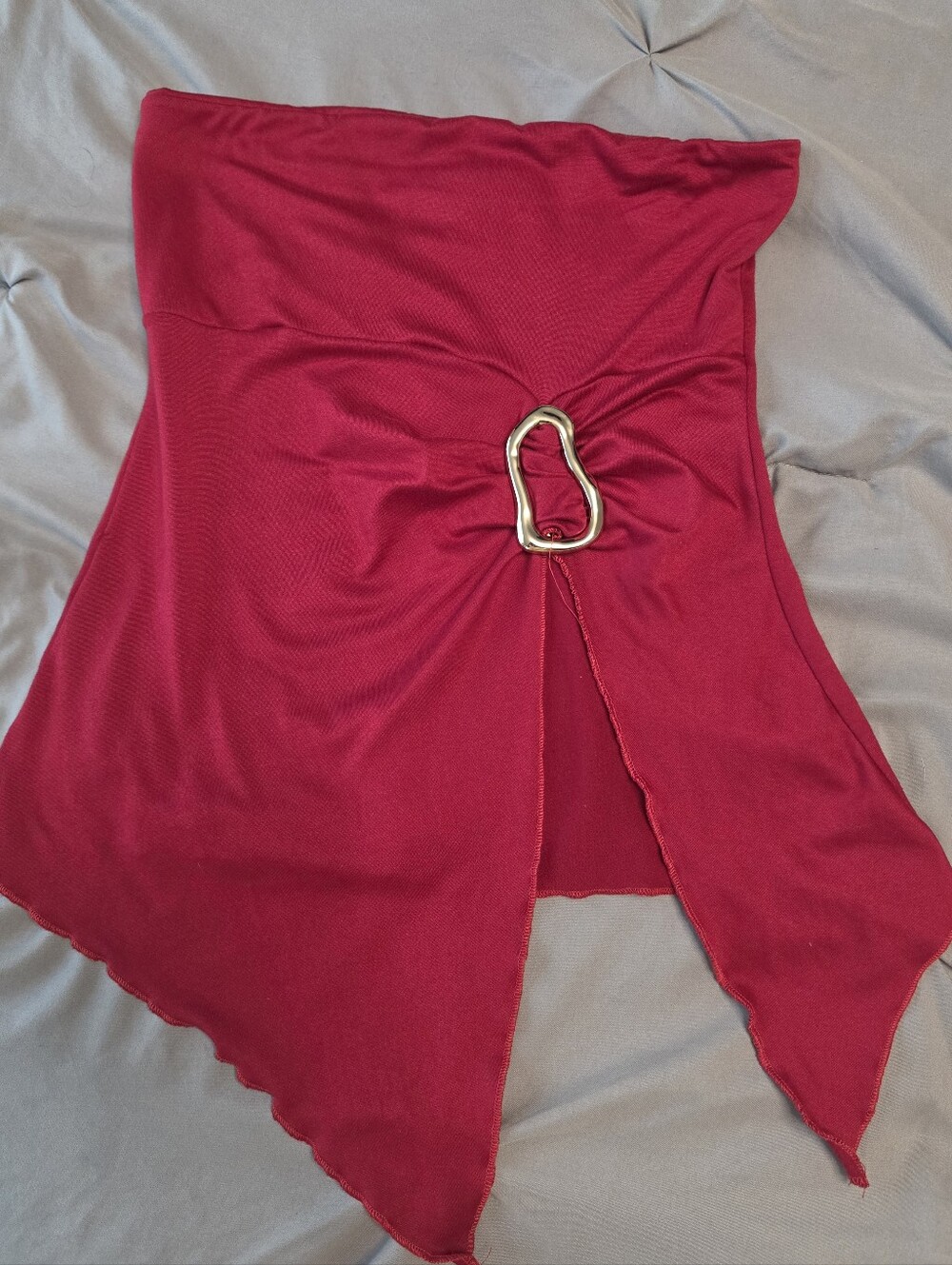 Strapless Red Asymmetrical Skirt with Decorative Buckle